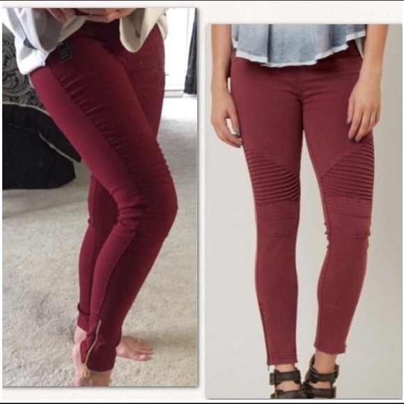 Moto Jegging Biker Pants-Burgundy - Picture 2 of 3